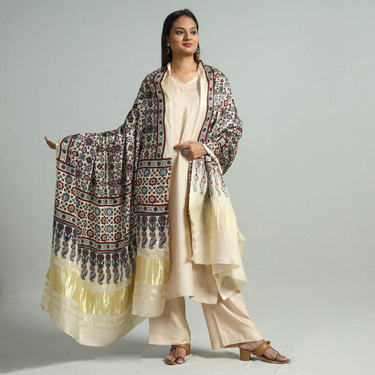 White - Ajrakh Hand Block Printed Modal Silk Dupatta with Zari Border 117