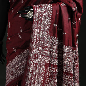 Maroon - Bengal Kantha Hand Embroidered Pure Silk Saree 01