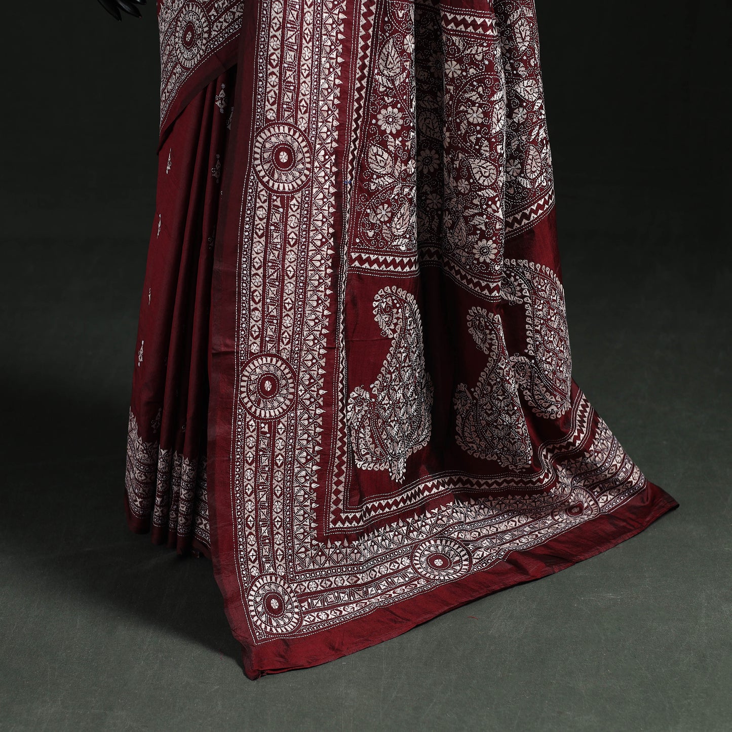 Maroon - Bengal Kantha Hand Embroidered Pure Silk Saree 01