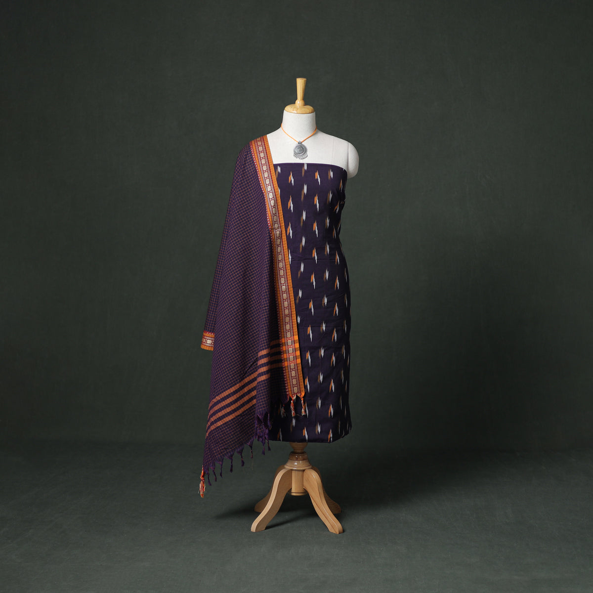 Pochampally Ikat Cotton Unstitched Dress Material: Kurta & Dupatta with Jewellery 21