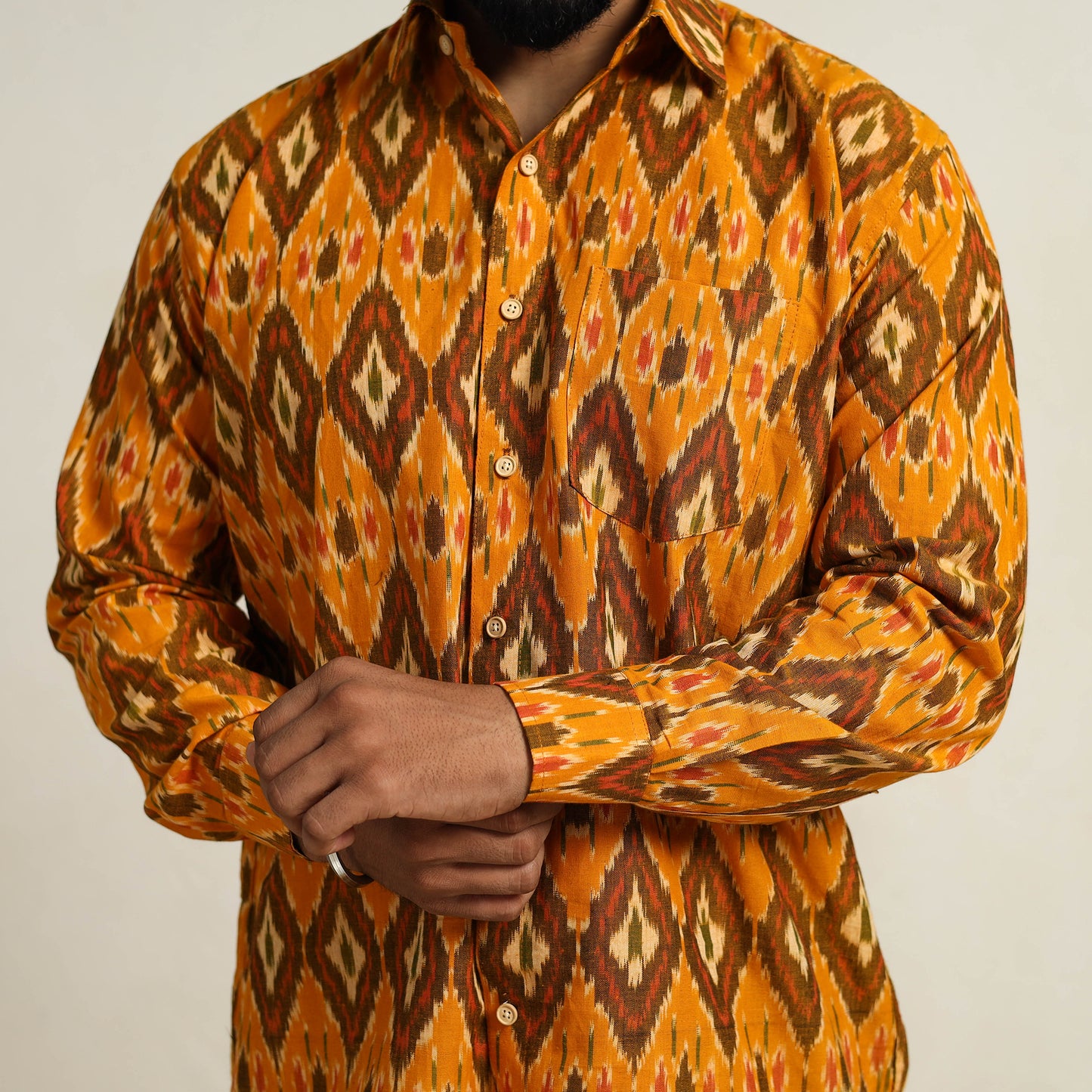 Orange - Men Cotton Pochampally Ikat Shirt 06