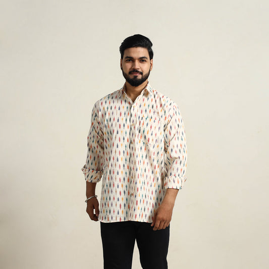 White - Men Cotton Pochampally Ikat Shirt 10