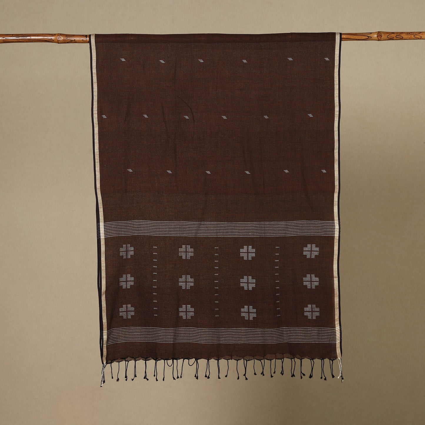 Brown - handloom cotton phulia jamdani stole with tassels
