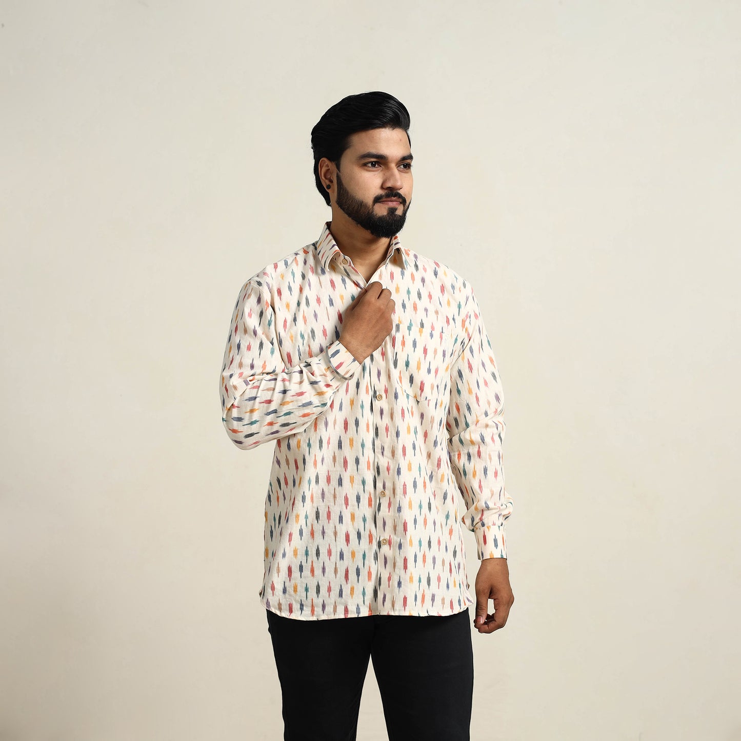 White - Men Cotton Pochampally Ikat Shirt 10