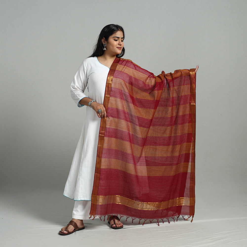 Multicolor - Handloom Cotton Nizam Zari Border Mangalagiri Dupatta 03