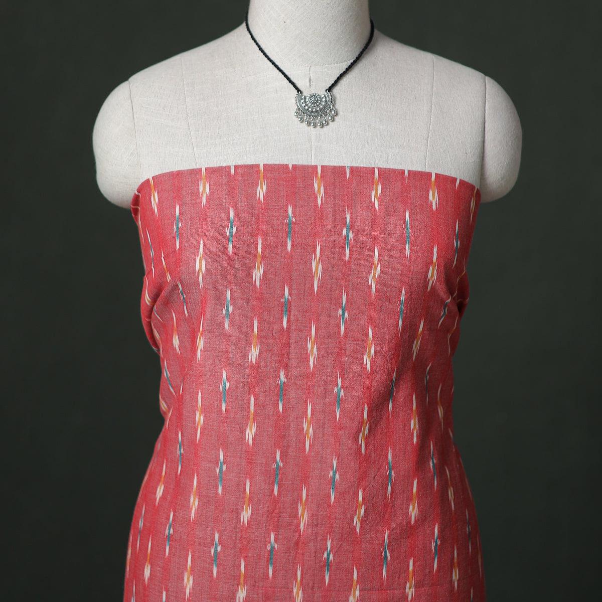Pochampally Ikat Cotton Unstitched Dress Material: Kurta & Dupatta with Jewellery 22