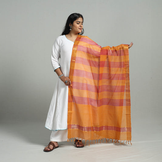 Multicolor - Handloom Cotton Nizam Zari Border Mangalagiri Dupatta 04