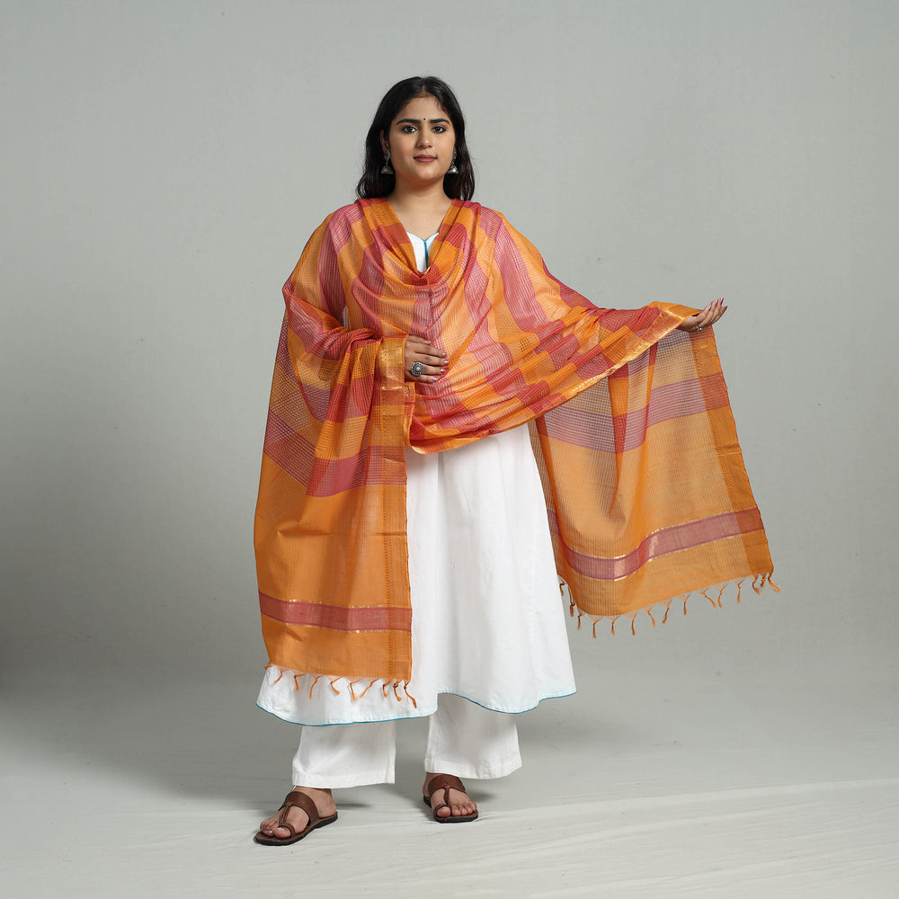 Multicolor - Handloom Cotton Nizam Zari Border Mangalagiri Dupatta 04