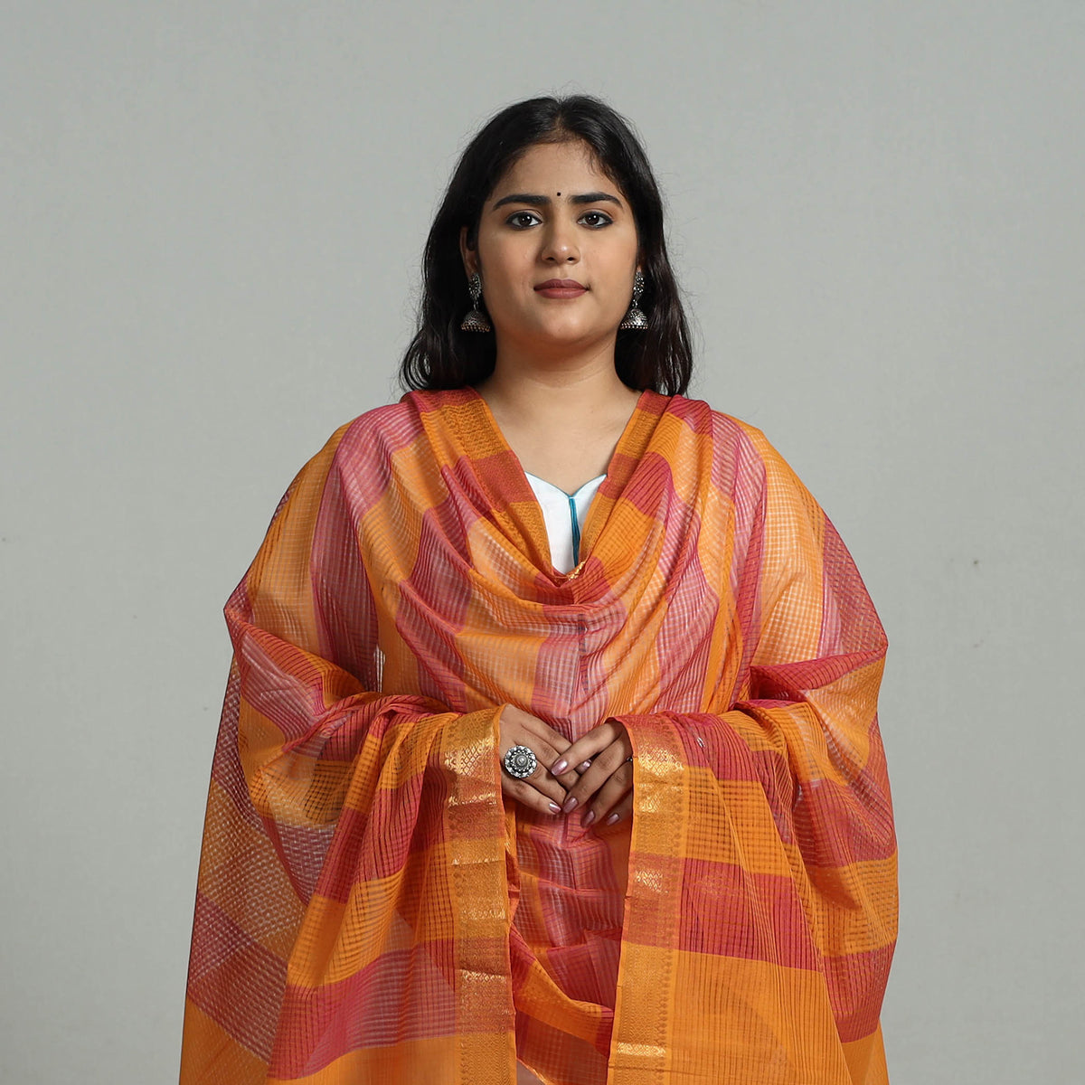 Multicolor - Handloom Cotton Nizam Zari Border Mangalagiri Dupatta 04