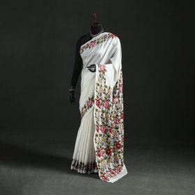White - Bengal Kantha Hand Embroidered Pure Silk Saree 04