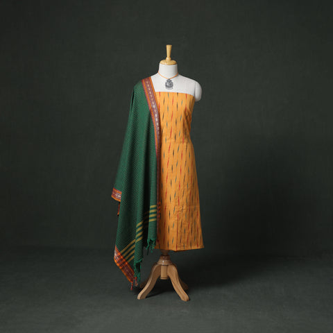 Pochampally Ikat Cotton Unstitched Dress Material: Kurta & Dupatta with Jewellery 23