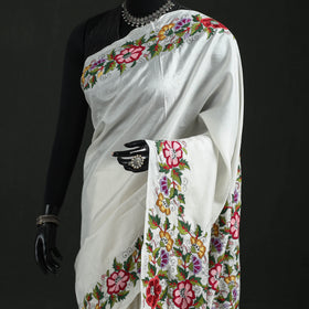 White - Bengal Kantha Hand Embroidered Pure Silk Saree 04