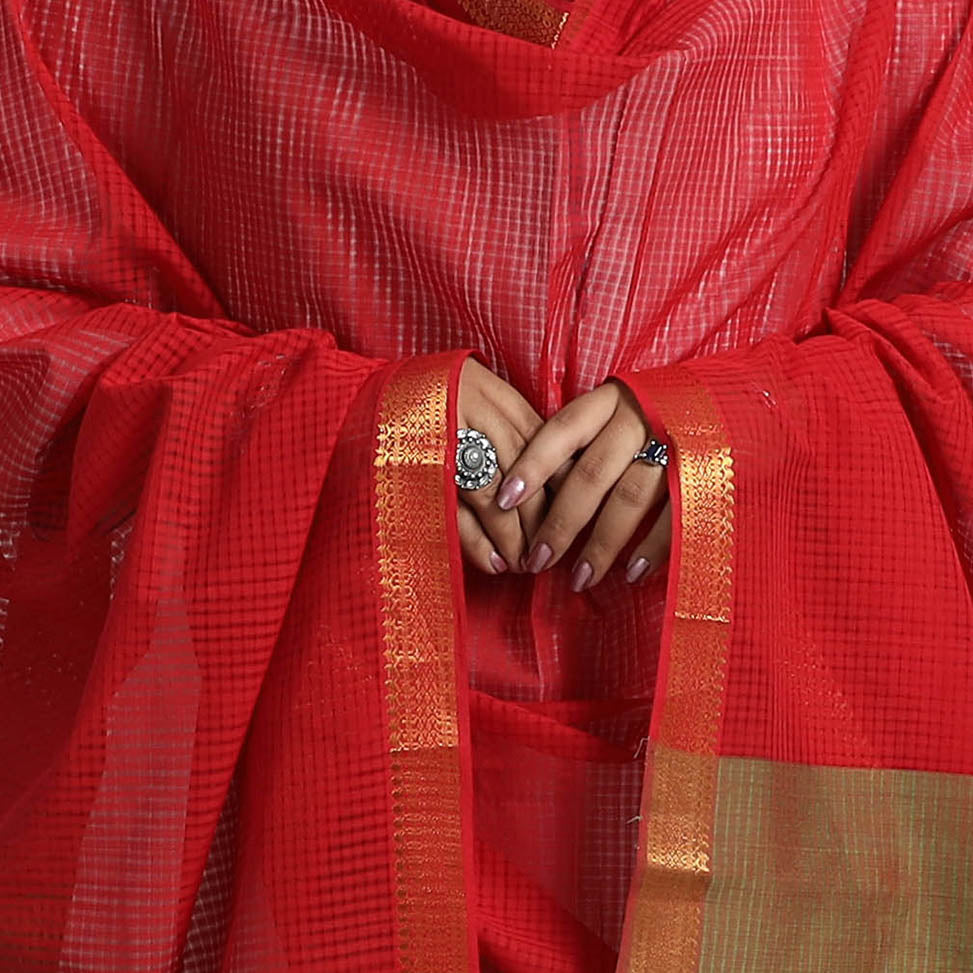 Red - Handloom Cotton Nizam Zari Border Mangalagiri Dupatta 05