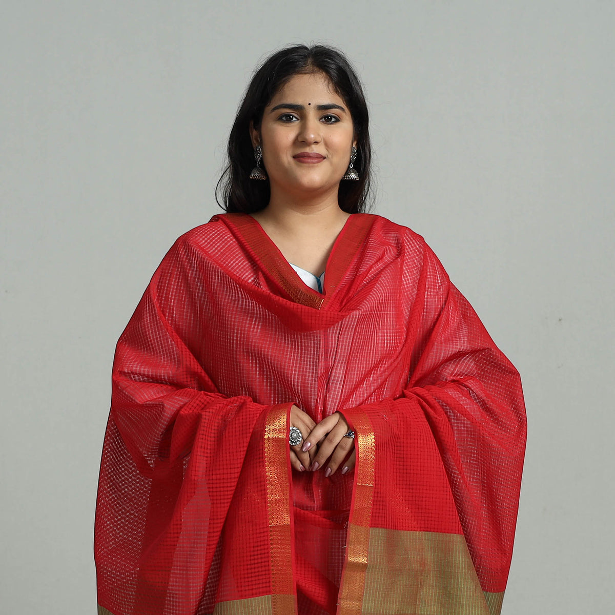 Red - Handloom Cotton Nizam Zari Border Mangalagiri Dupatta 05