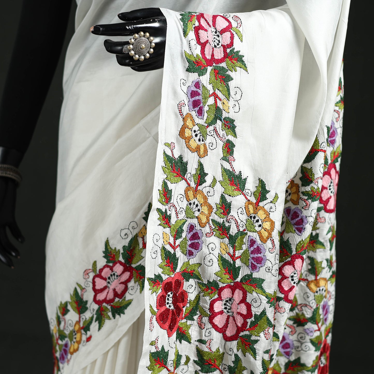 White - Bengal Kantha Hand Embroidered Pure Silk Saree 04