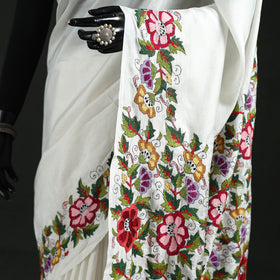 White - Bengal Kantha Hand Embroidered Pure Silk Saree 04