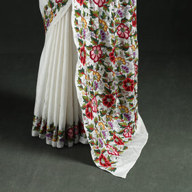 White - Bengal Kantha Hand Embroidered Pure Silk Saree 04