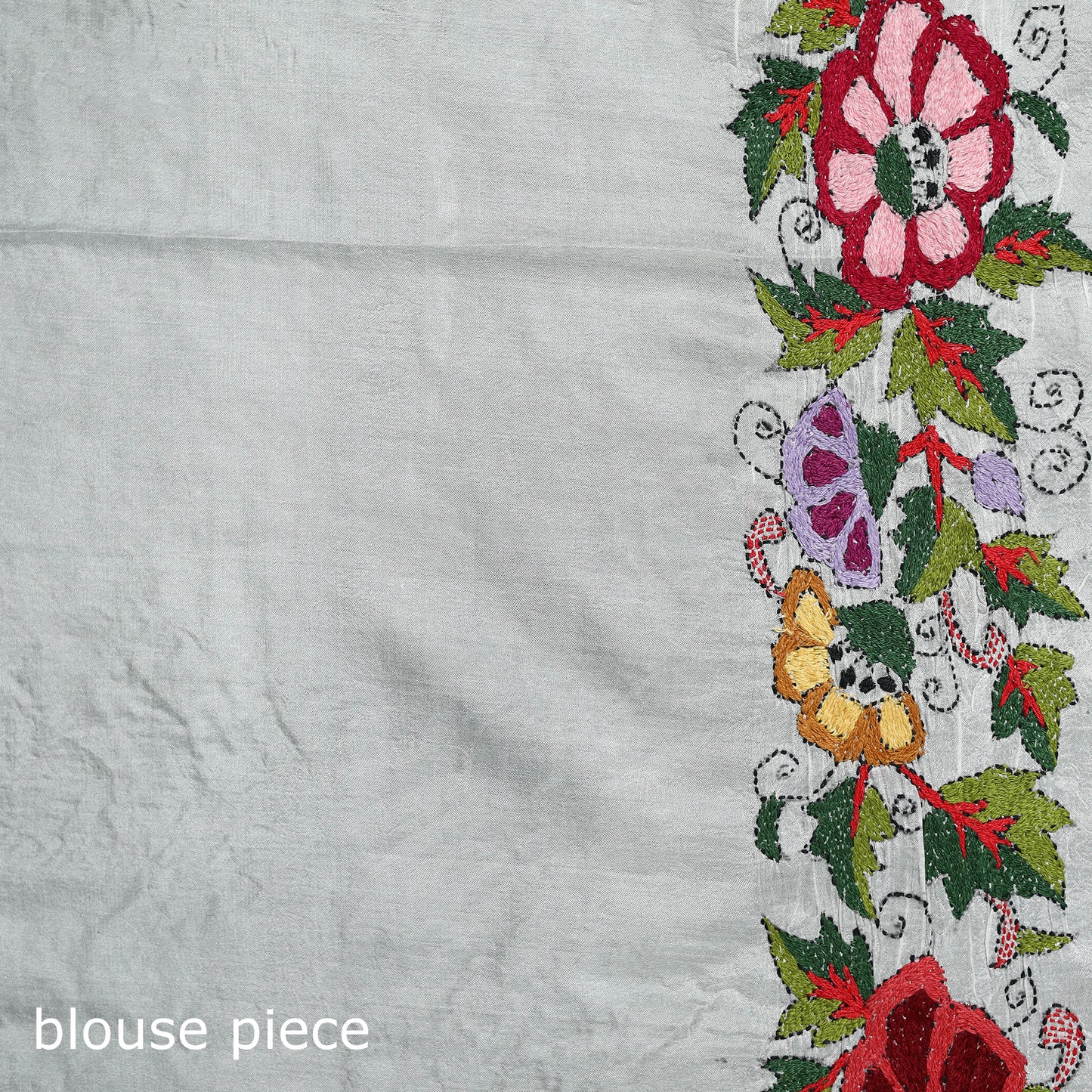 White - Bengal Kantha Hand Embroidered Pure Silk Saree 04
