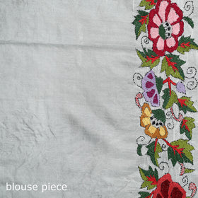 White - Bengal Kantha Hand Embroidered Pure Silk Saree 04