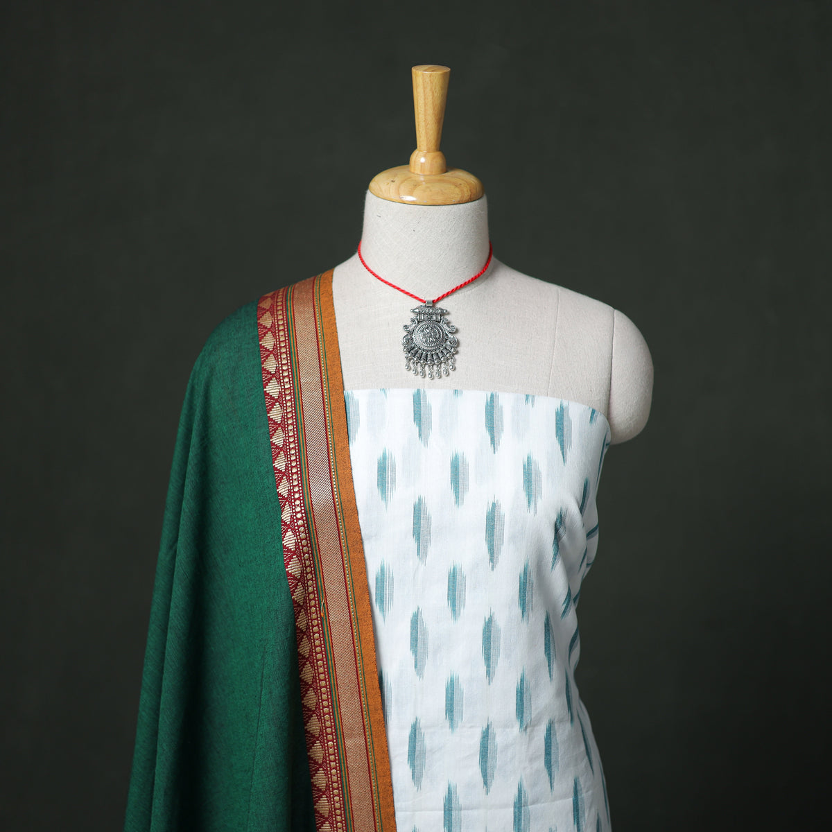 Pochampally Ikat Cotton Unstitched Dress Material: Kurta & Dupatta with Jewellery 24