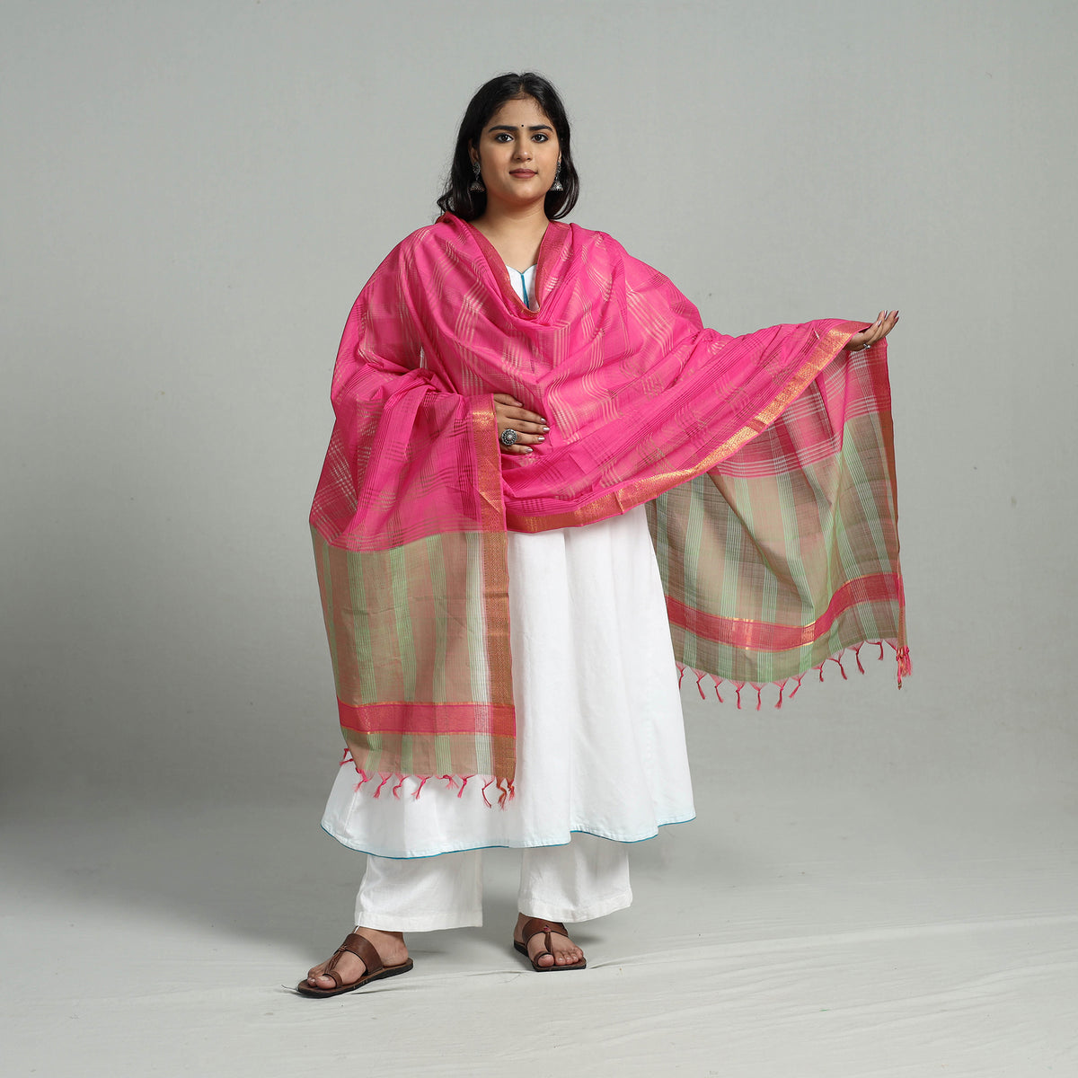 Pink - Handloom Cotton Nizam Zari Border Mangalagiri Dupatta 07