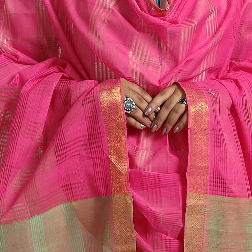 Pink - Handloom Cotton Nizam Zari Border Mangalagiri Dupatta 07