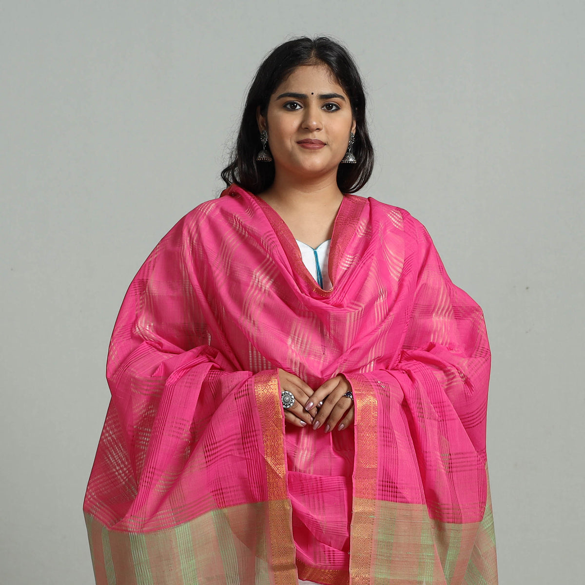 Pink - Handloom Cotton Nizam Zari Border Mangalagiri Dupatta 07