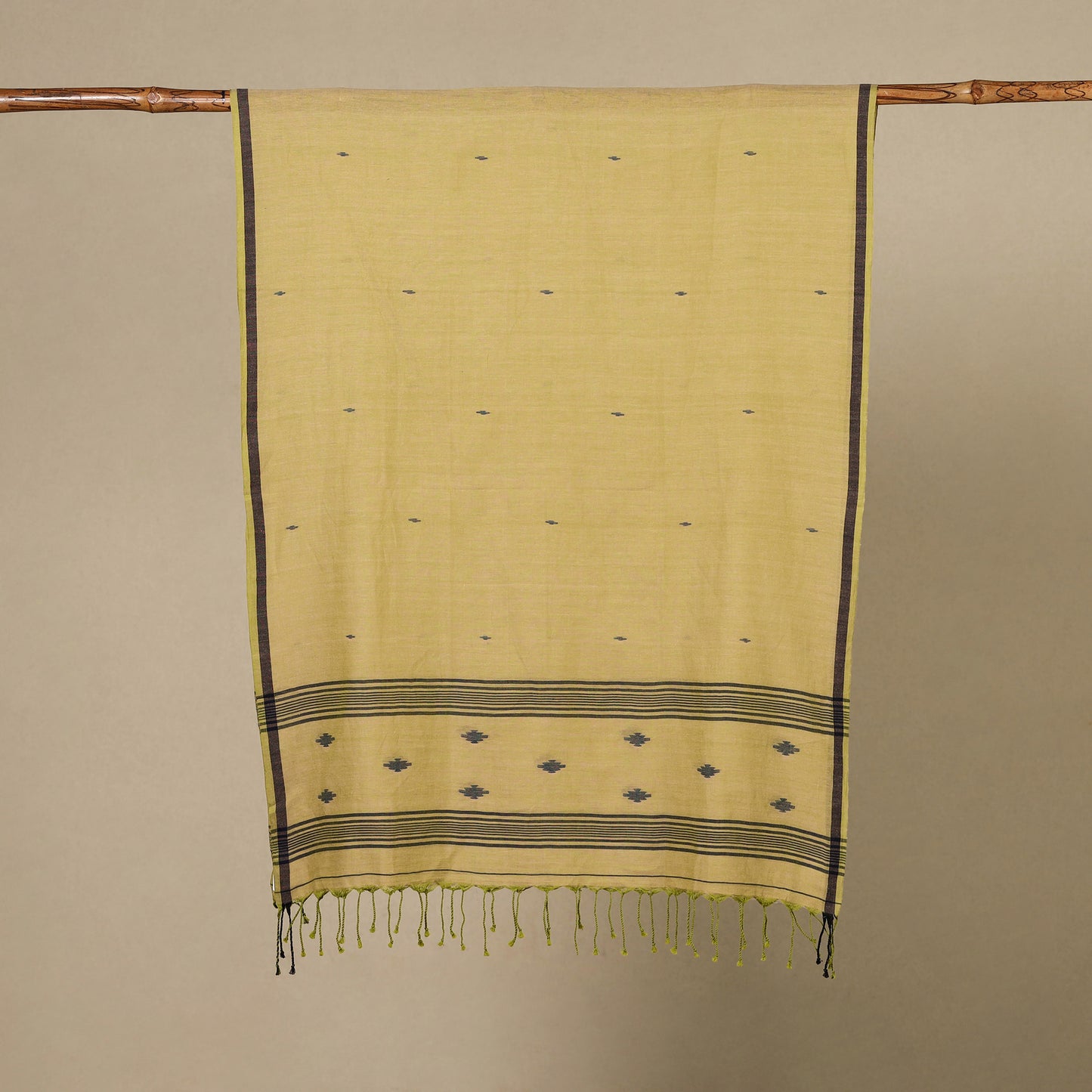 Yellow - handloom cotton phulia jamdani stole with tassels