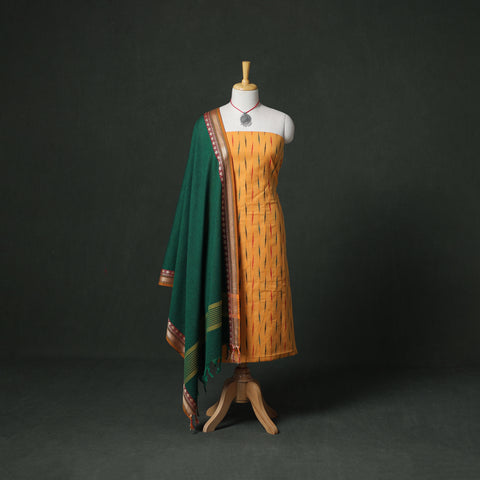 Pochampally Ikat Cotton Unstitched Dress Material: Kurta & Dupatta with Jewellery 25