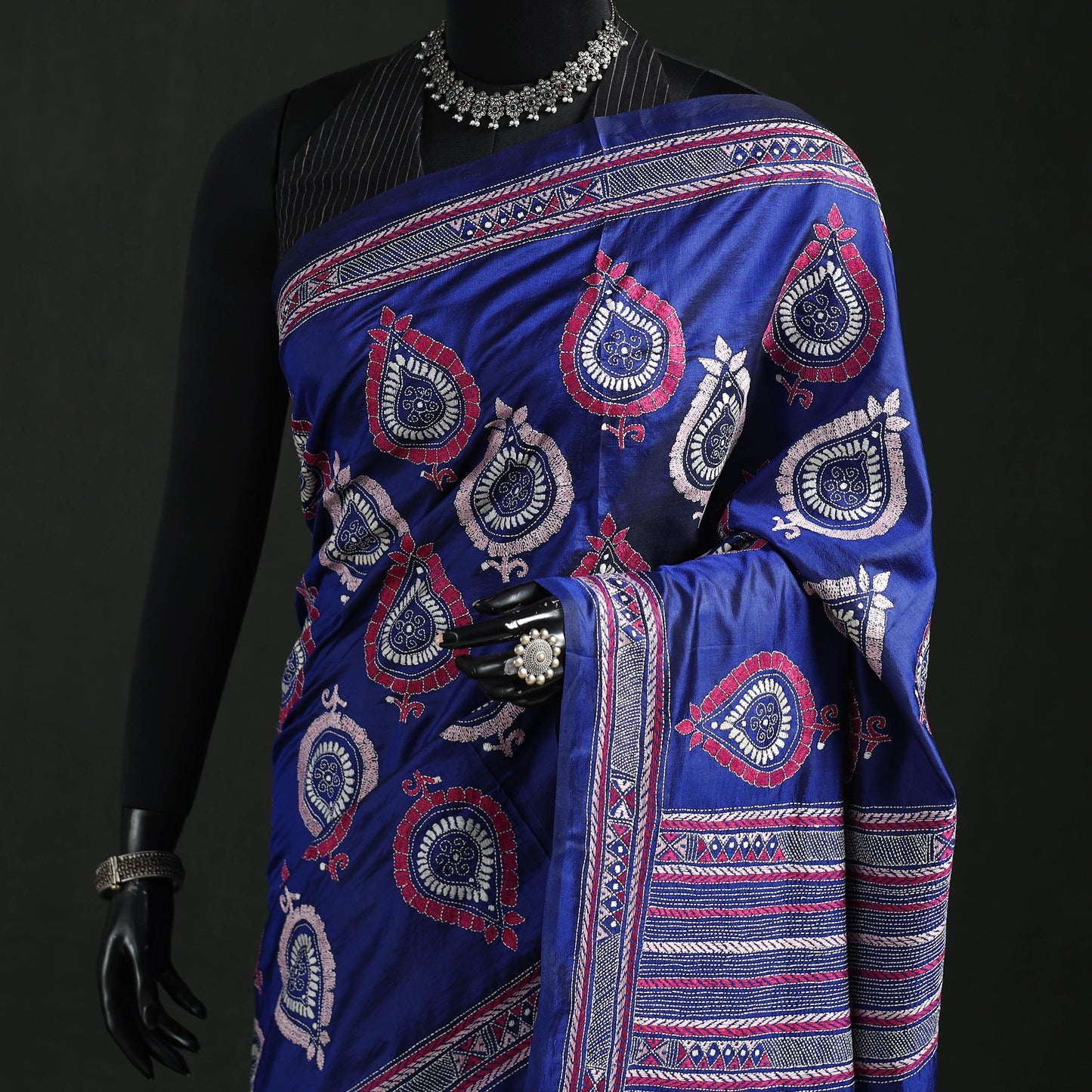 Blue - Bengal Kantha Heavy Hand Embroidered Pure Silk Saree 06