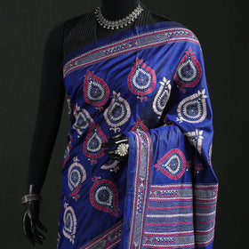 Blue - Bengal Kantha Heavy Hand Embroidered Pure Silk Saree 06