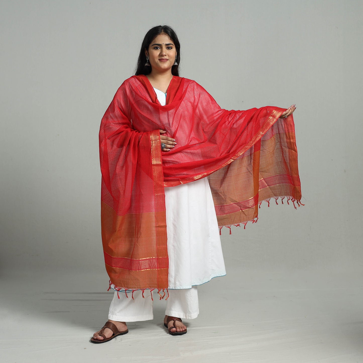 Red - Handloom Cotton Nizam Zari Border Mangalagiri Dupatta 08