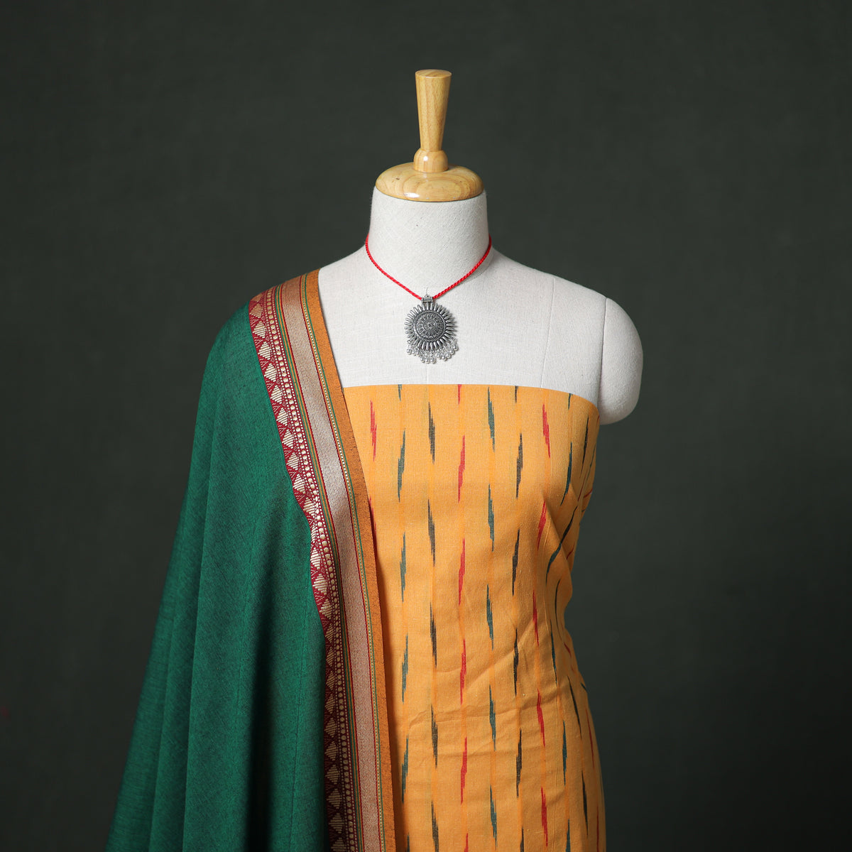 Pochampally Ikat Cotton Unstitched Dress Material: Kurta & Dupatta with Jewellery 25
