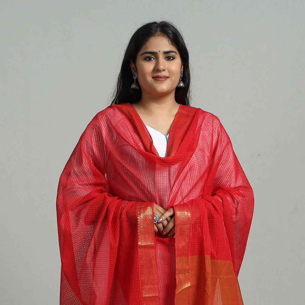 Red - Handloom Cotton Nizam Zari Border Mangalagiri Dupatta 08