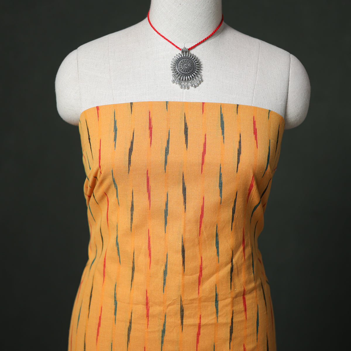 Pochampally Ikat Cotton Unstitched Dress Material: Kurta & Dupatta with Jewellery 25