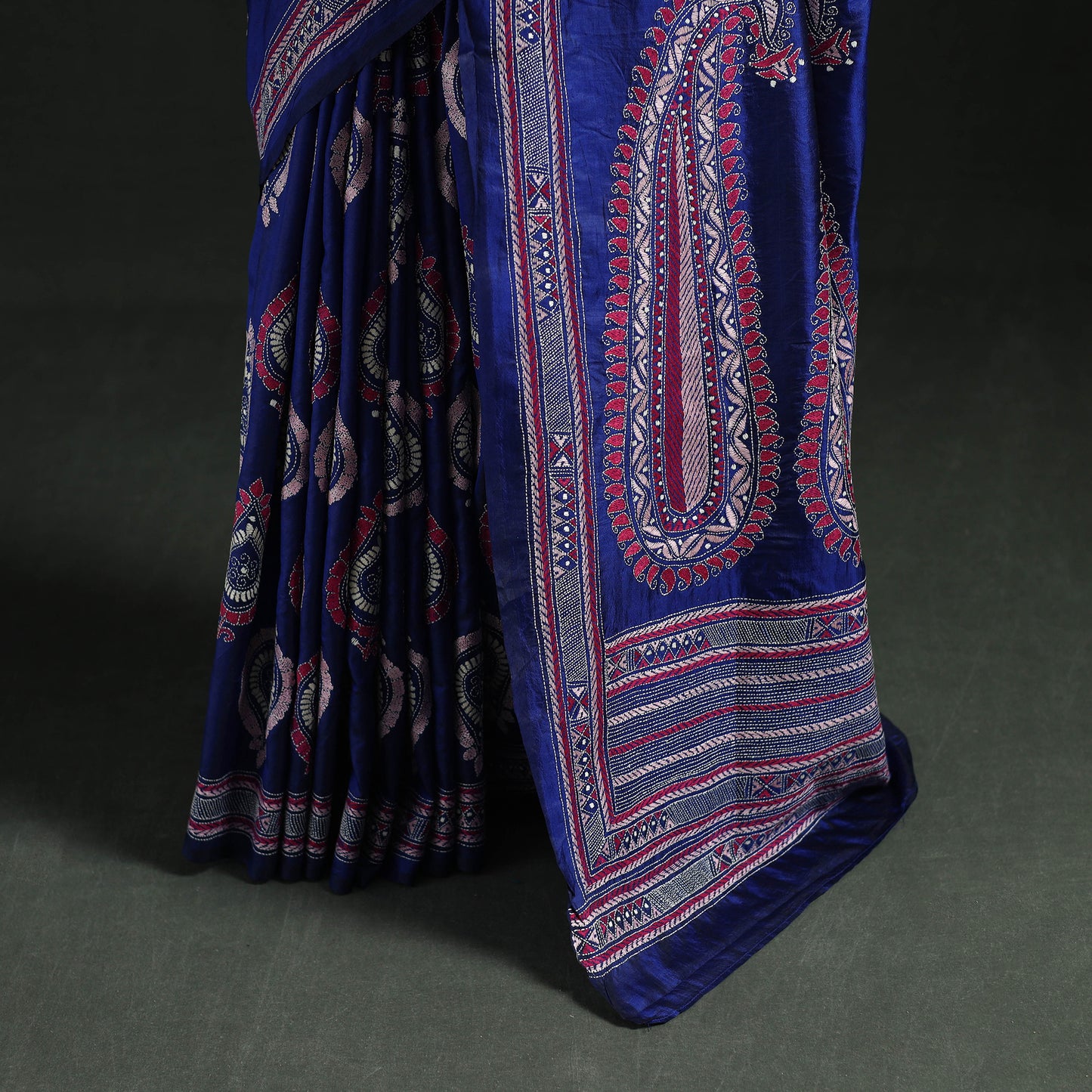 Blue - Bengal Kantha Heavy Hand Embroidered Pure Silk Saree 06