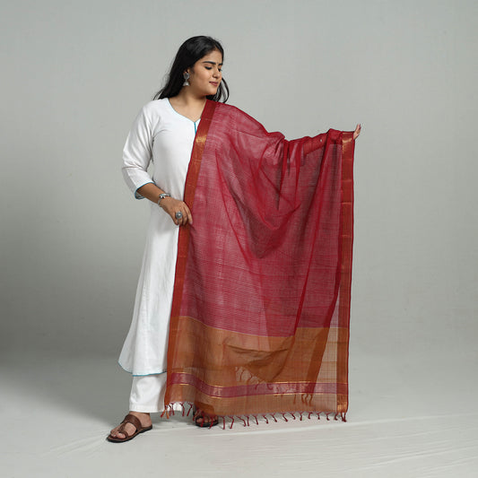 Maroon - Handloom Cotton Nizam Zari Border Mangalagiri Dupatta 09