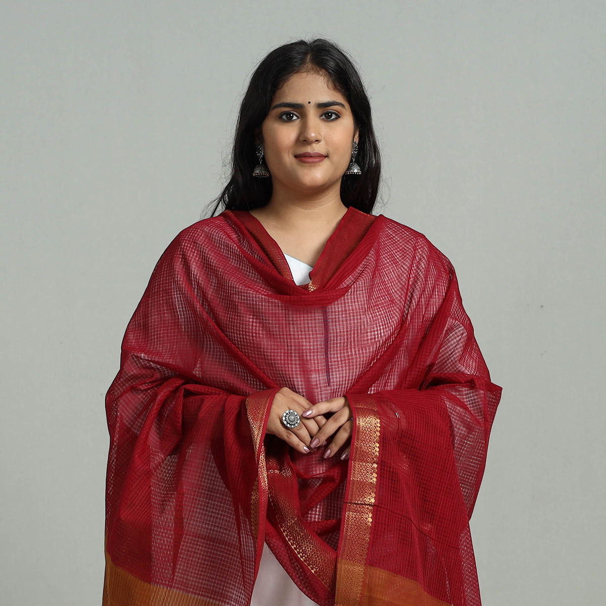 Maroon - Handloom Cotton Nizam Zari Border Mangalagiri Dupatta 09