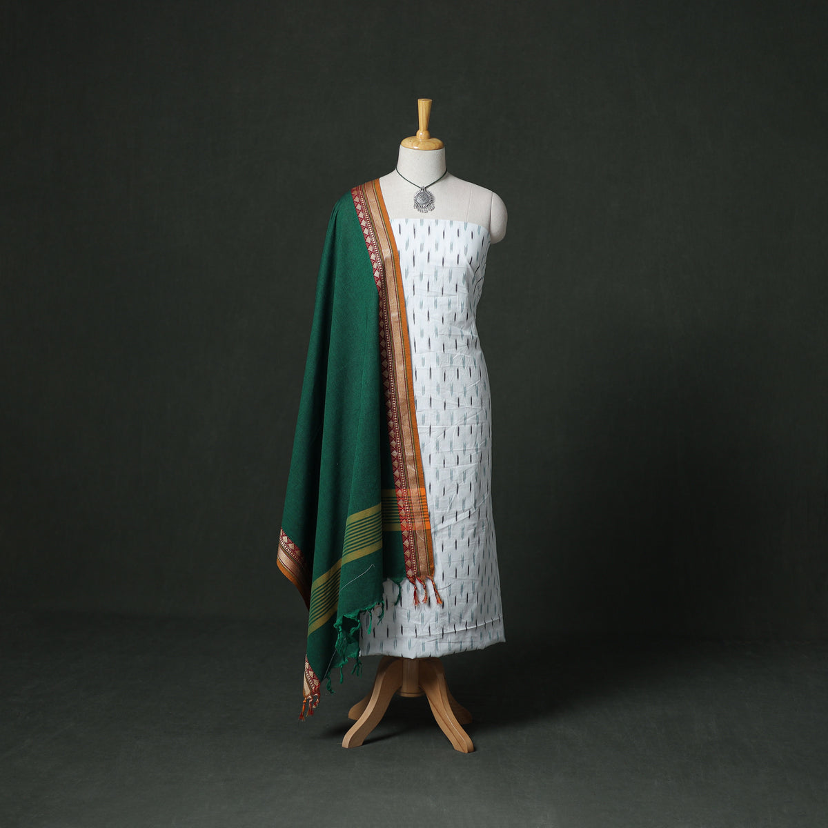Pochampally Ikat Cotton Unstitched Dress Material: Kurta & Dupatta with Jewellery 26