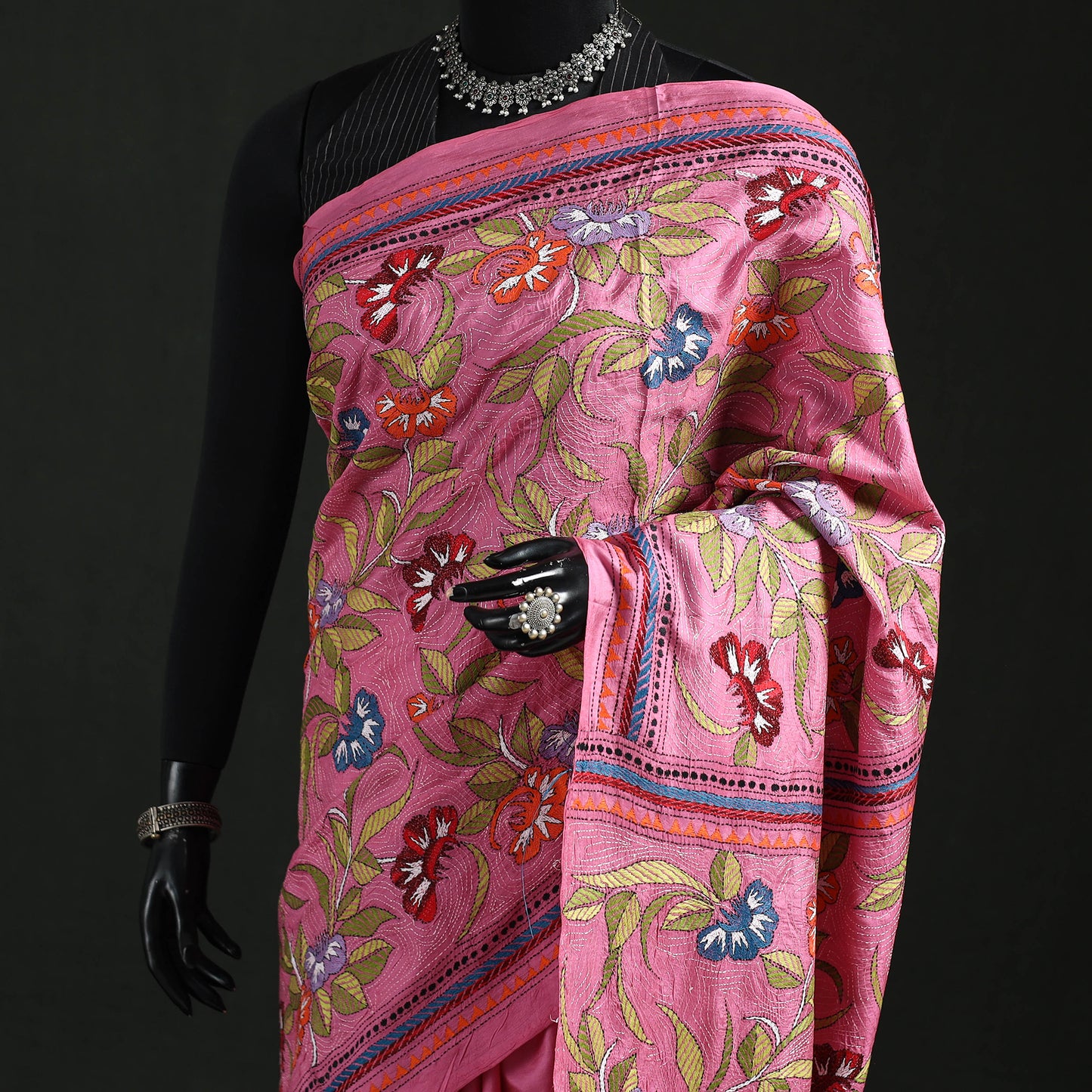 Bengal Kantha Heavy Hand Embroidered Pure Silk Saree 07