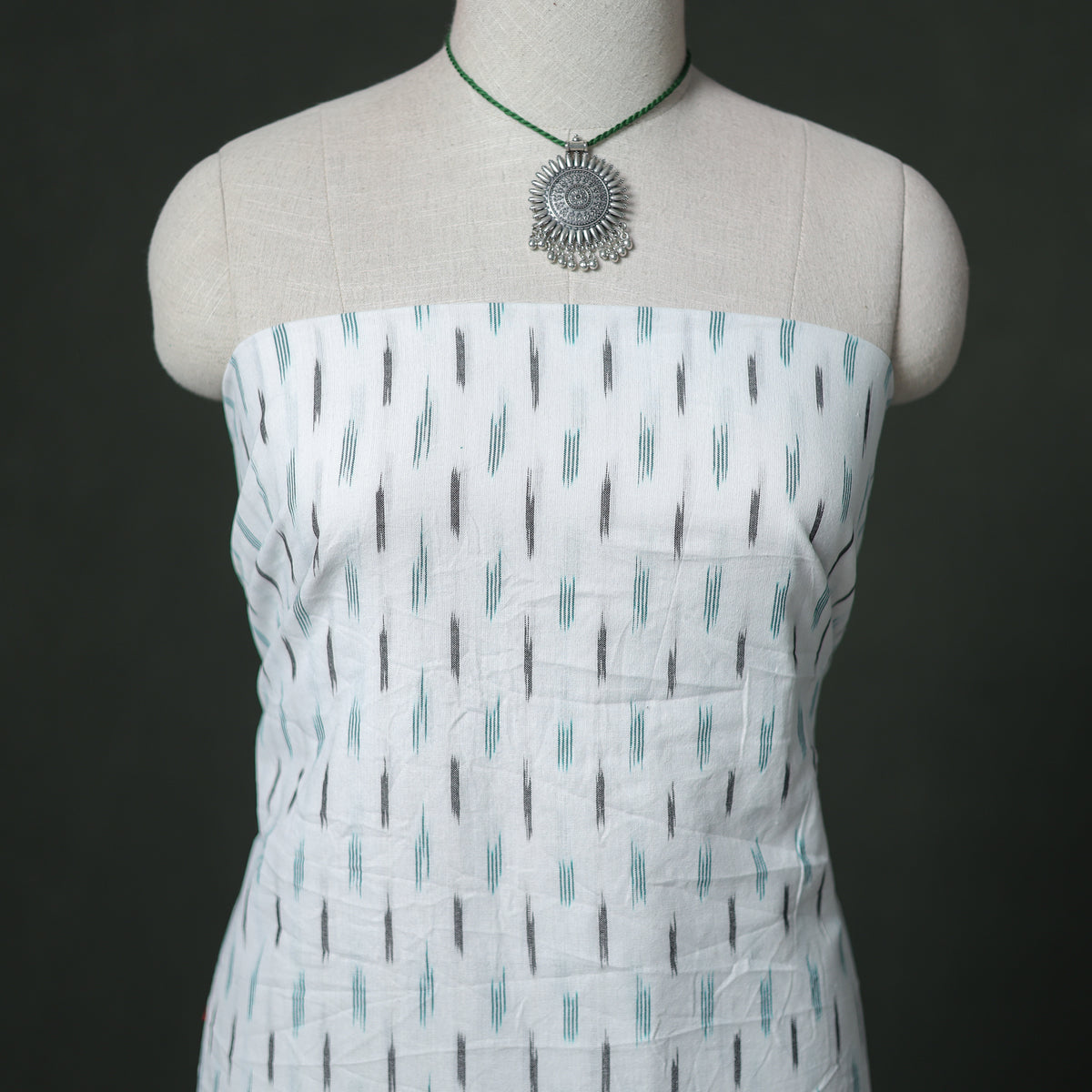 Pochampally Ikat Cotton Unstitched Dress Material: Kurta & Dupatta with Jewellery 26