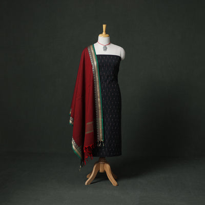 Pochampally Ikat Cotton Unstitched Dress Material: Kurta & Dupatta with Jewellery 27