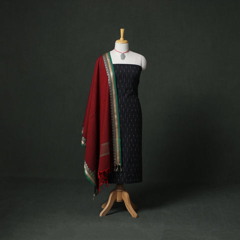 Pochampally Ikat Cotton Unstitched Dress Material: Kurta & Dupatta with Jewellery 27