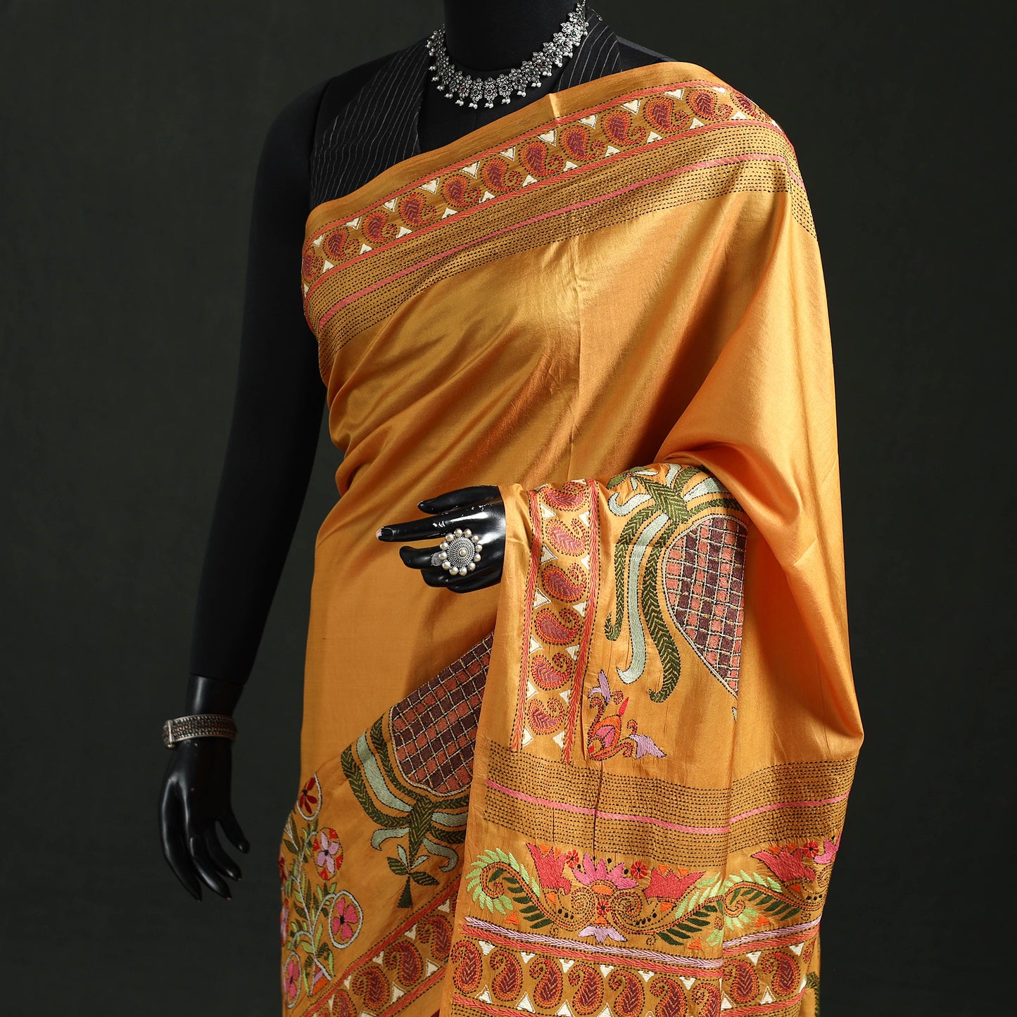 Bengal Kantha Heavy Hand Embroidered Pure Silk Saree 08