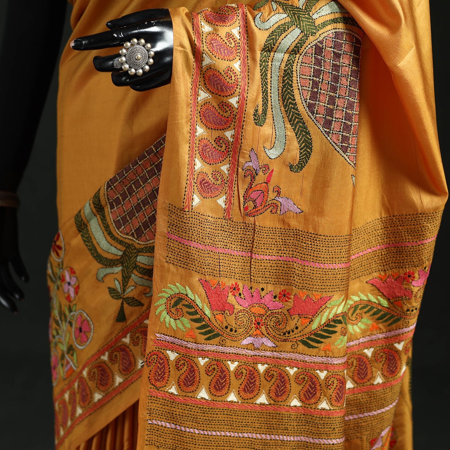 Bengal Kantha Heavy Hand Embroidered Pure Silk Saree 08