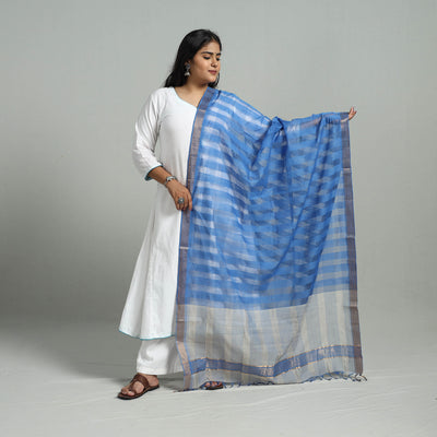 Blue - Handloom Cotton Nizam Zari Border Mangalagiri Dupatta 13