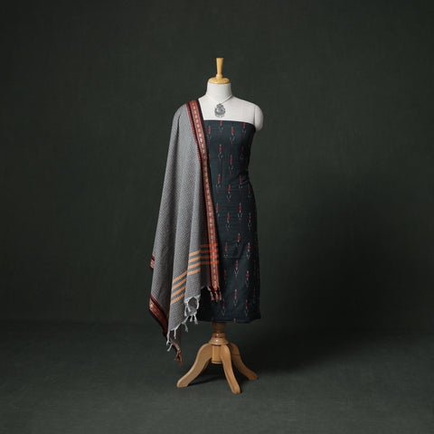 Pochampally Ikat Cotton Unstitched Dress Material: Kurta & Dupatta with Jewellery 28