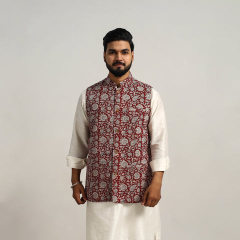 Red - Bagh Print Nehru Jacket for Men 14