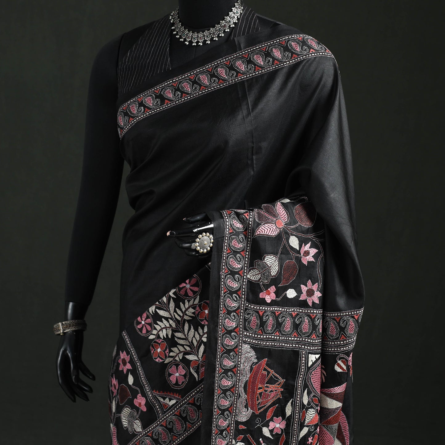 Bengal Kantha Heavy Hand Embroidered Pure Silk Saree 09