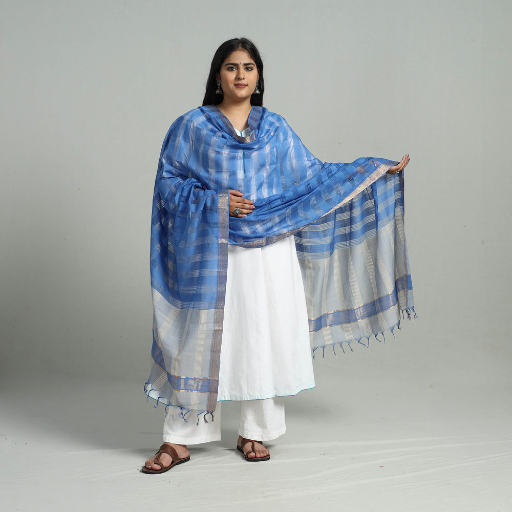 Blue - Handloom Cotton Nizam Zari Border Mangalagiri Dupatta 13